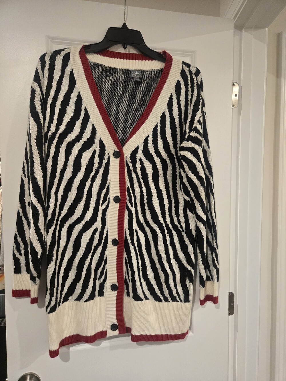Zebra-Print V-Neck Cardigan - Black, Cream & Red